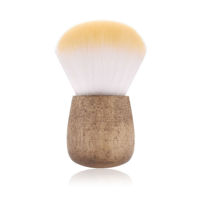 Special Short Wood Handle White with Yellow Tip Synthetic Hair Kabuki Brush-01